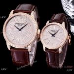 Replica Patek Philippe Calatrava Quartz Watches Pave Diamond Dial Rose Gold Couple